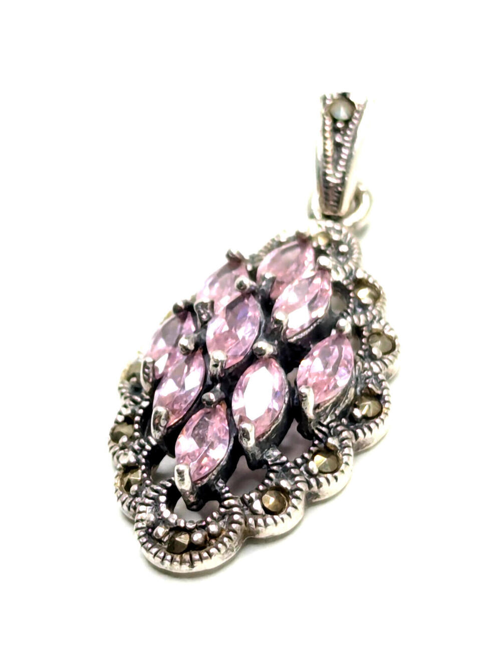 Sterling Silver 925 Pink Crystal Marquise Pendant Vintage Marcasite Style 5.6g